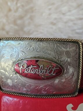 Vintage 1970s Hand-Tooled Leather Men's Belt Peterbilt Sterling Buckle "CLUTCH"